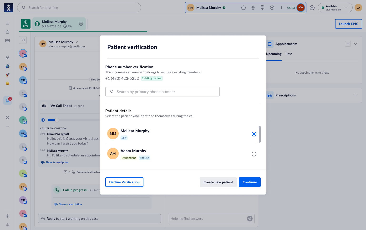 Patient verification modal showing the incoming number belongs to multiple existing members, with a list to select who identified themselves